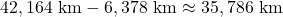  \begin{equation*} 42,164 \text{ km} - 6,378 \text{ km} \approx 35,786 \text{ km}\end{equation*} 