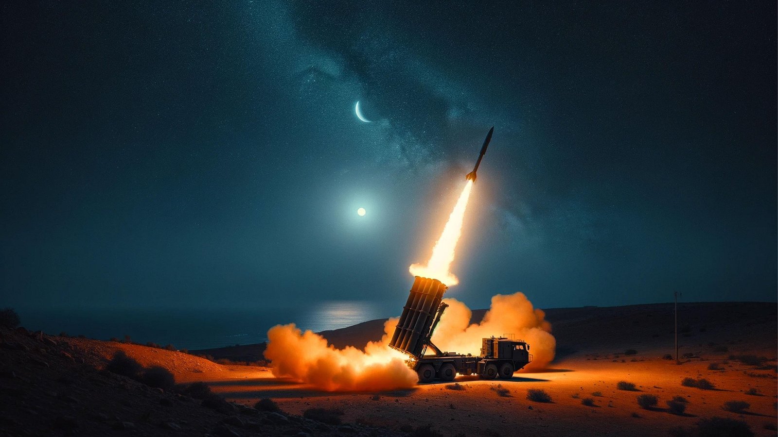 a rocket launching to intercept missile in the desert